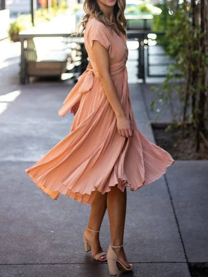 A-Line Mother of the Bride Dress Elegant V Neck Ankle Length Chiffon Short Sleeve with Sash / Ribbon Tier Ruching - RongMoon