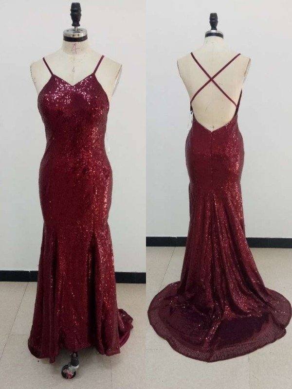 Sheath/Column V-neck Sleeveless Sweep/Brush Train Ruffles Sequins Dresses - RongMoon