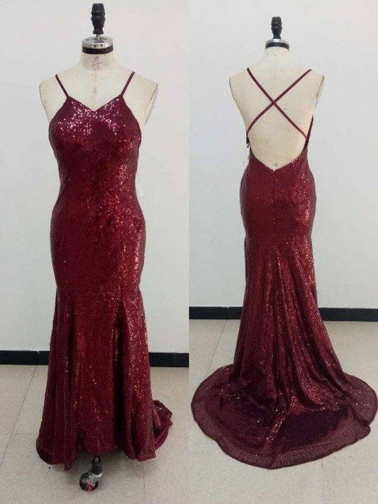 Sheath/Column V-neck Sleeveless Sweep/Brush Train Ruffles Sequins Dresses - RongMoon