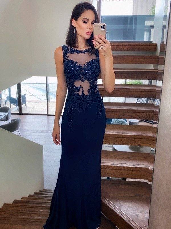 Sheath/Column Spandex Sleeveless Sweep/Brush Train Applique Scoop Dresses - RongMoon