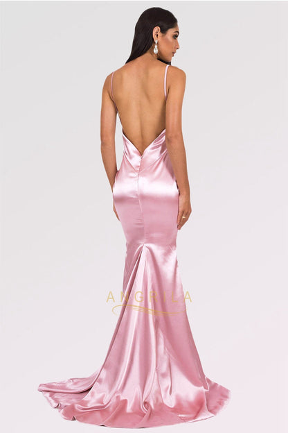 Long Mermaid V-neck Satin Backless Prom Dresses