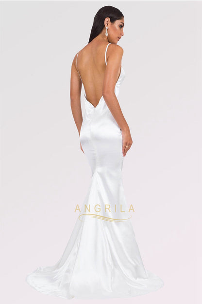 Long Mermaid V-neck Satin Backless Prom Dresses