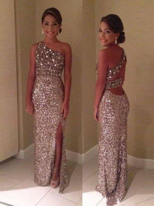 Sheath/Column One-Shoulder Sleeveless Sequins Floor-Length Dresses - RongMoon