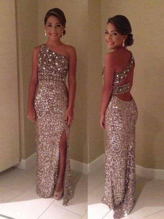 Sheath/Column One-Shoulder Sleeveless Sequins Floor-Length Dresses - RongMoon