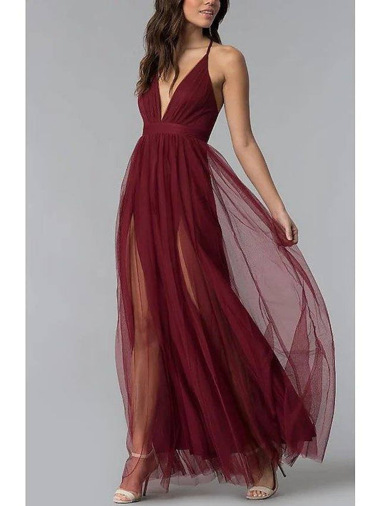 Sheath / Column Elegant Prom Dress Halter Neck Sleeveless Floor Length Tulle with Sash / Ribbon Pleats Split Front - RongMoon