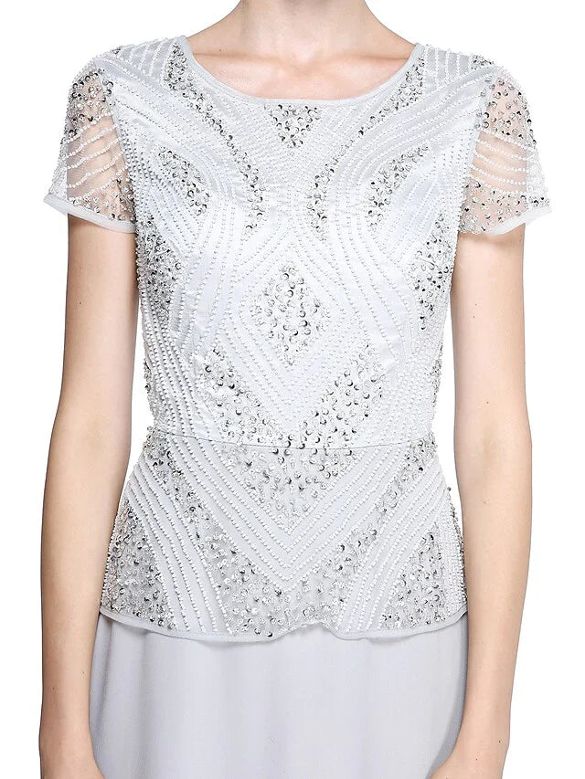 Mother of the Bride Dress Jewel Neck Floor Length Chiffon Short Sleeve with Beading Sequin