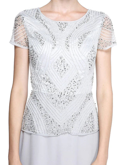 Mother of the Bride Dress Jewel Neck Floor Length Chiffon Short Sleeve with Beading Sequin
