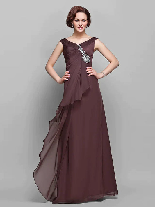 A-Line Mother of the Bride Dress Vintage Inspired V Neck Floor Length Chiffon Sleeveless with Crystals Ruffles Side Draping