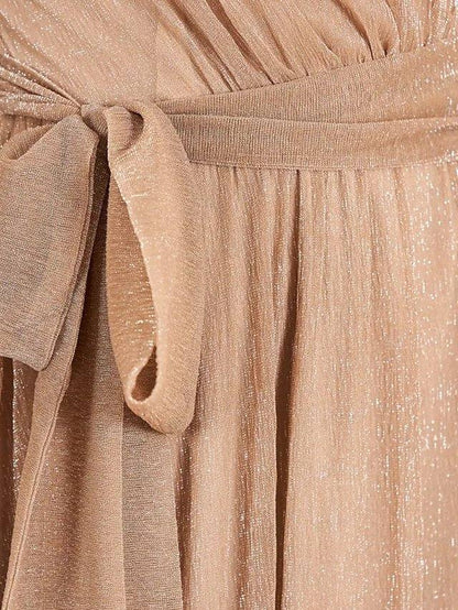 Sheath / Column Sparkle Elegant Engagement Formal Evening Dress V Neck 3/4 Length Sleeve Asymmetrical Satin with Sash / Ribbon - RongMoon