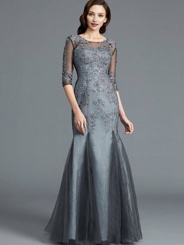 Sheath/Column Scoop Applique 1/2 Sleeves Tulle Floor-Length Mother of the Bride Dresses - RongMoon