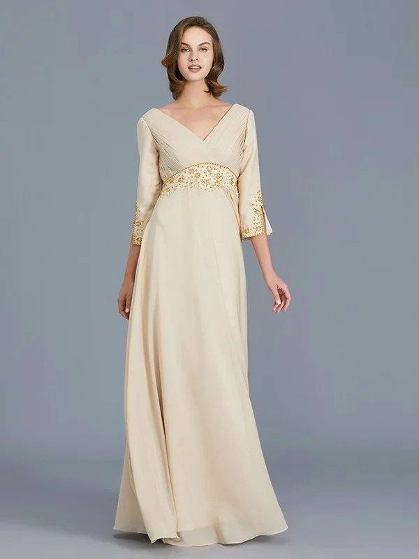 A-Line/Princess V-neck Ruffles Chiffon Floor-Length Mother of the Bride Dresses - RongMoon