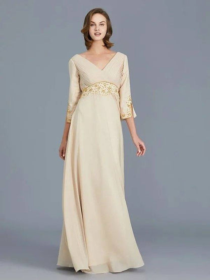 A-Line/Princess V-neck Ruffles Chiffon Floor-Length Mother of the Bride Dresses - RongMoon