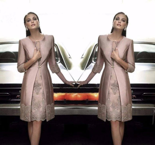 Elegant Mother Of The Bride Dresses Sheath Satin Lace With Jacket Short Wedding Party Dress Mother Dress For Wedding - RongMoon