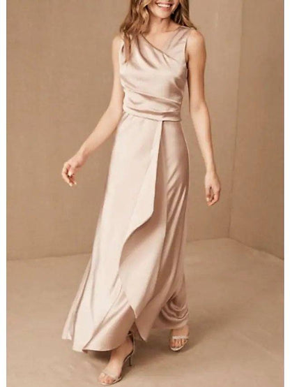 Sheath / Column V Neck Floor Length Satin Bridesmaid Dress with Ruching - RongMoon