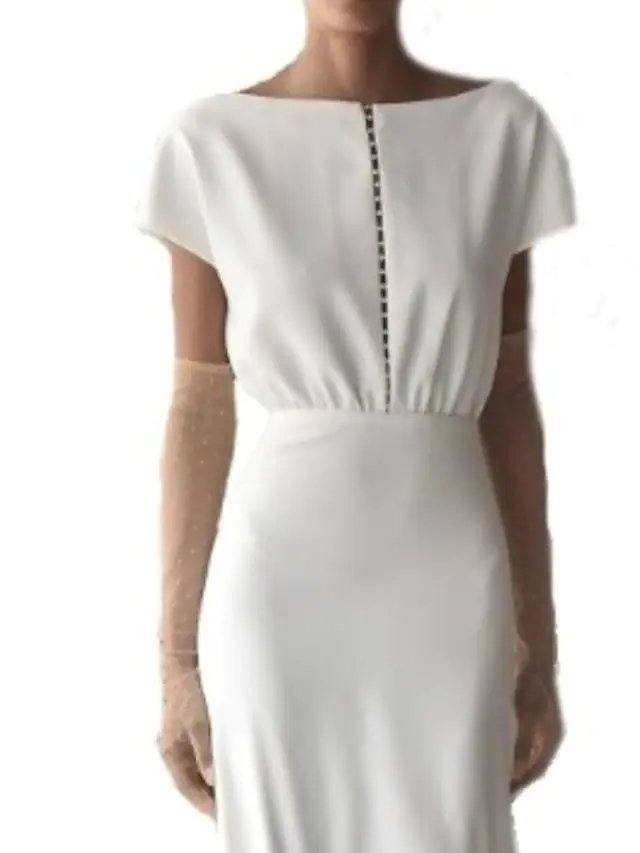 Mermaid / Trumpet Wedding Dresses Off Shoulder Sweep / Brush Train Chiffon Over Satin Short Sleeve Beach with Draping - RongMoon