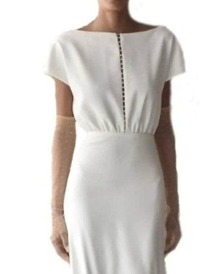 Mermaid / Trumpet Wedding Dresses Off Shoulder Sweep / Brush Train Chiffon Over Satin Short Sleeve Beach with Draping - RongMoon