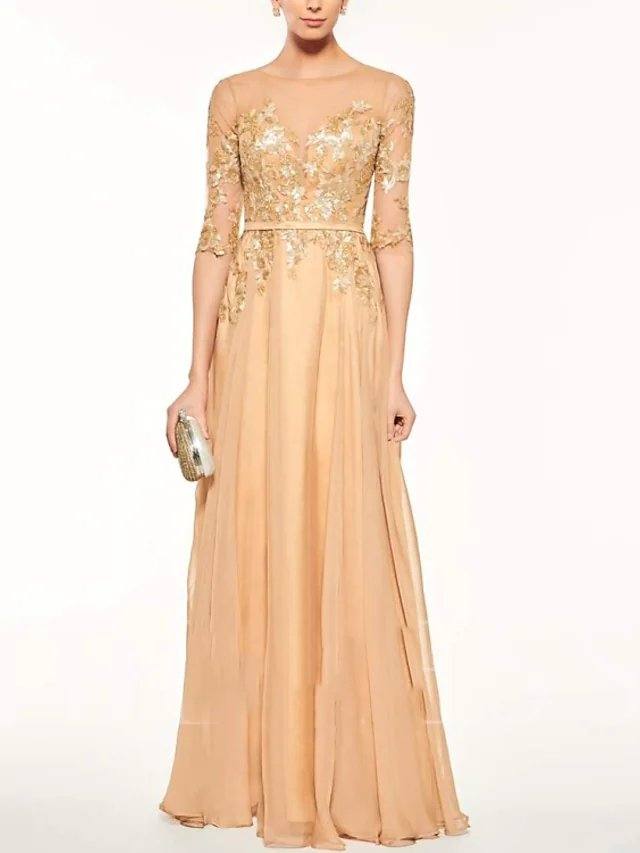 A-Line Mother of the Bride Dress Elegant See Through Illusion Neck Jewel Neck Floor Length Chiffon Lace Half Sleeve with Sash / Ribbon Pleats Appliques - RongMoon
