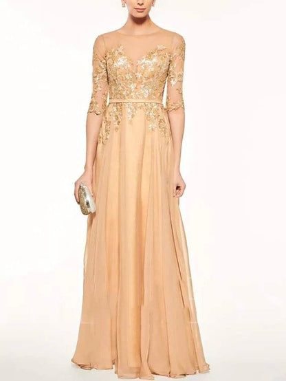 A-Line Mother of the Bride Dress Elegant See Through Illusion Neck Jewel Neck Floor Length Chiffon Lace Half Sleeve with Sash / Ribbon Pleats Appliques - RongMoon