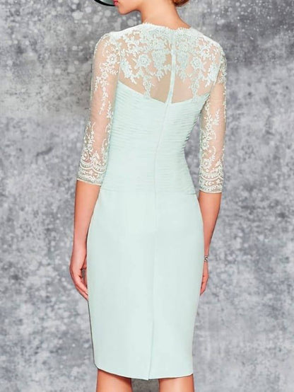Two Piece Sheath / Column Mother of the Bride Dress Elegant Sweetheart Neckline Knee Length Chiffon 3/4 Length Sleeve with Pleats Embroidery - RongMoon