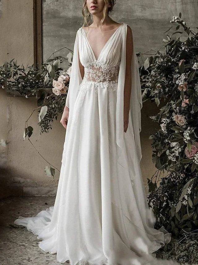 A-Line Wedding Dresses Jewel Neck Chapel Train Chiffon Sleeveless Beach with Pleats Lace Insert - RongMoon