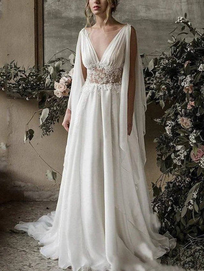 A-Line Wedding Dresses Jewel Neck Chapel Train Chiffon Sleeveless Beach with Pleats Lace Insert - RongMoon