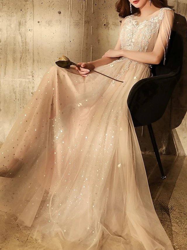 A-Line Sparkle Elegant Wedding Guest Engagement Dress Illusion Neck Short Sleeve Floor Length Tulle with Sequin Tassel Appliques - RongMoon