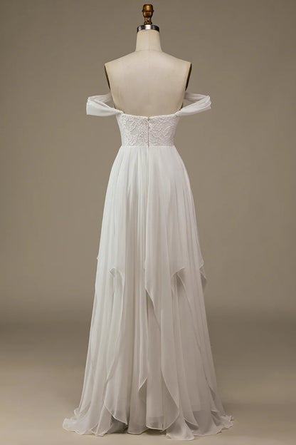 Aimishang Ivory Boho Chiffon Asymmetrical Wedding Dress with Lace