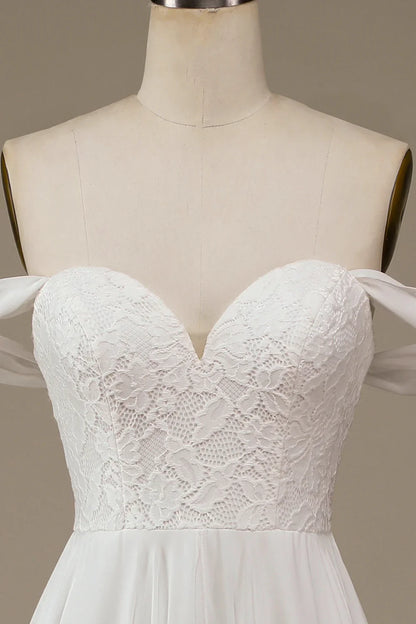 Aimishang Ivory Boho Chiffon Asymmetrical Wedding Dress with Lace