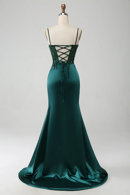 Aimishang Sparkly Dark Green Mermaid Sequin Pleated Corset Prom Dress With Slit