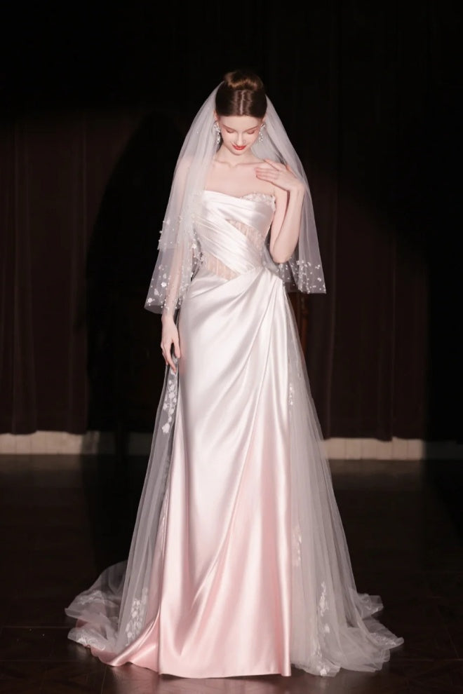 Pink gradient satin lace long tulle wedding dress gh6847