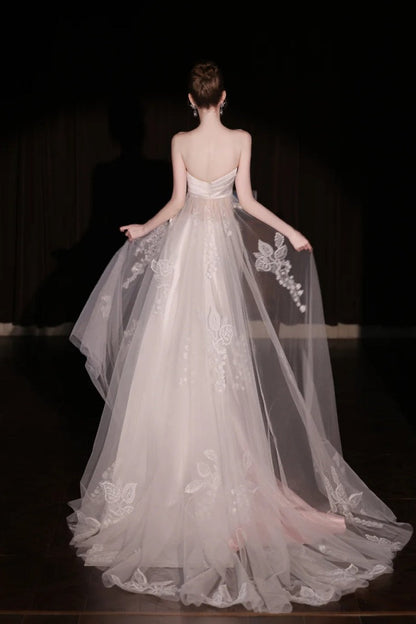 Pink gradient satin lace long tulle wedding dress gh6847