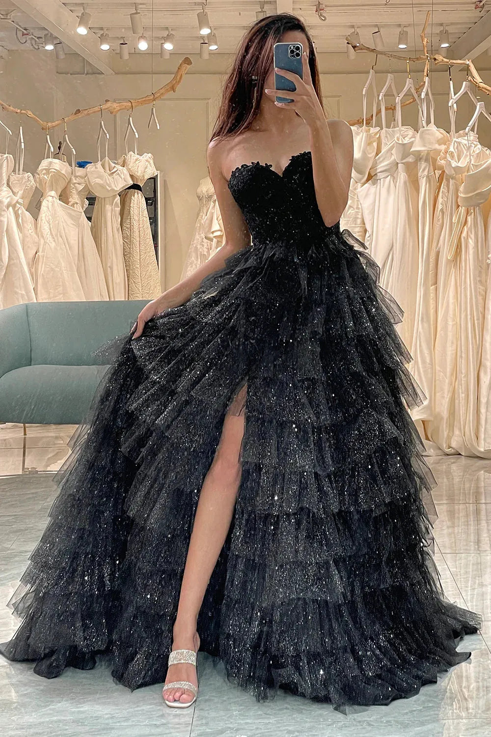 Aimishang A-Line Sweetheart Long Corset Tiered Prom Dress With Slit