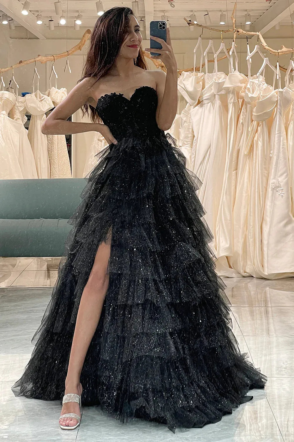 Aimishang A-Line Sweetheart Long Corset Tiered Prom Dress With Slit