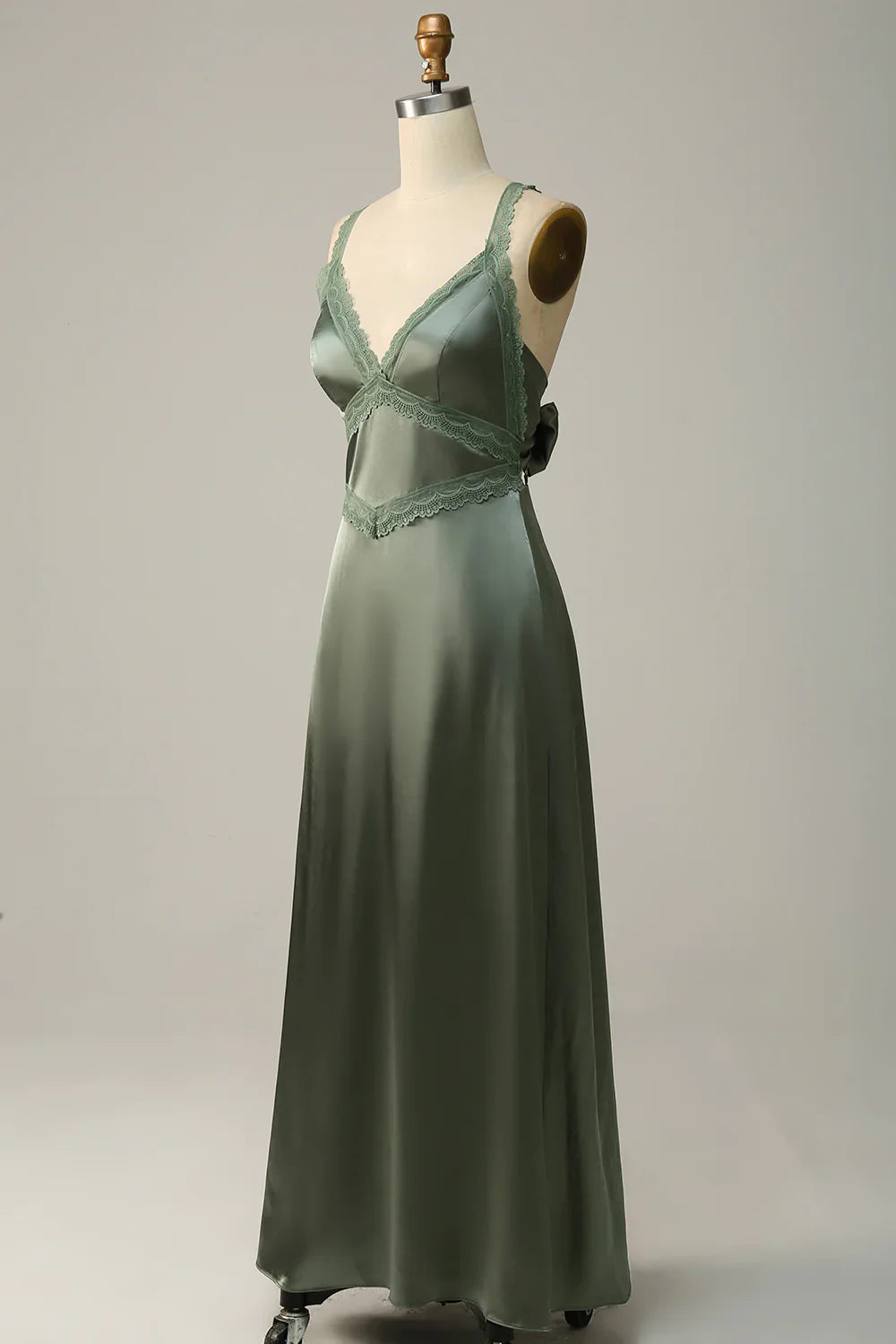 Beautiful V-Neck Open Back Dusty Green Bridesmaid Dress with Lace