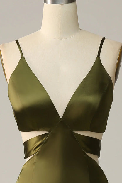Thin shoulder strap cut olive long slit bridesmaid dress
