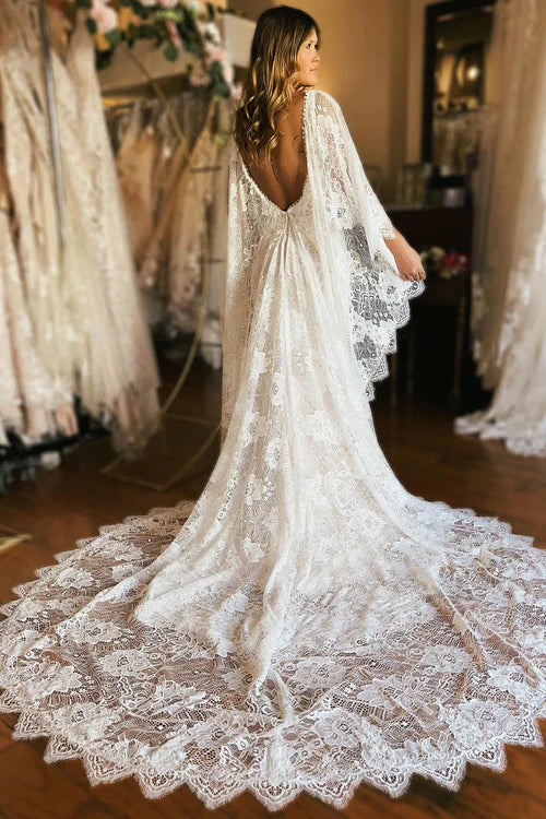 Aimishang Elegant Ivory Long Sleeve Cape Lace Mermaid Wedding Dress with Appliques