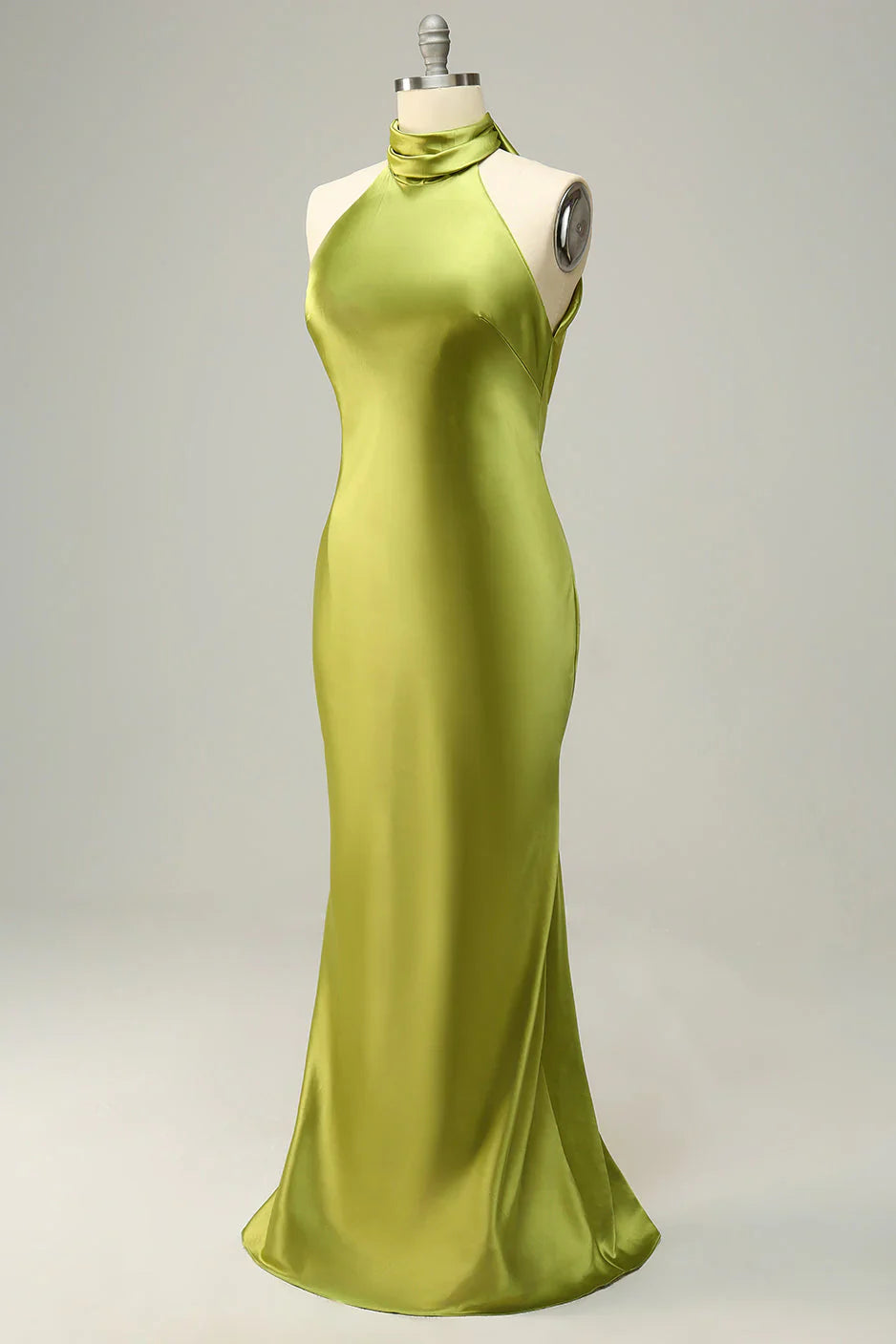 Hanging neck and backless lemon green long bridesmaid dress