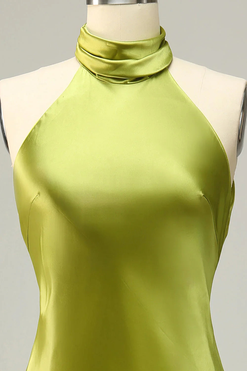 Hanging neck and backless lemon green long bridesmaid dress