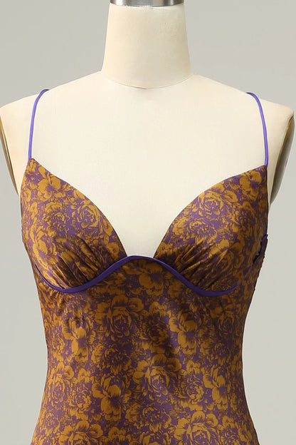 Flower Printed Brown Long Bridesmaid Dress