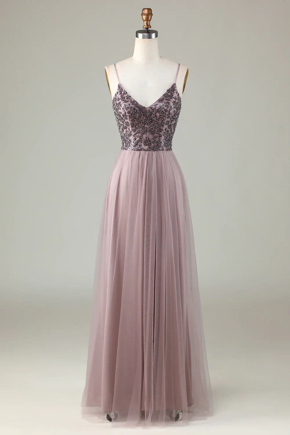 Beaded Spaghetti Straps Dusty Blue Bridesmaid Dress