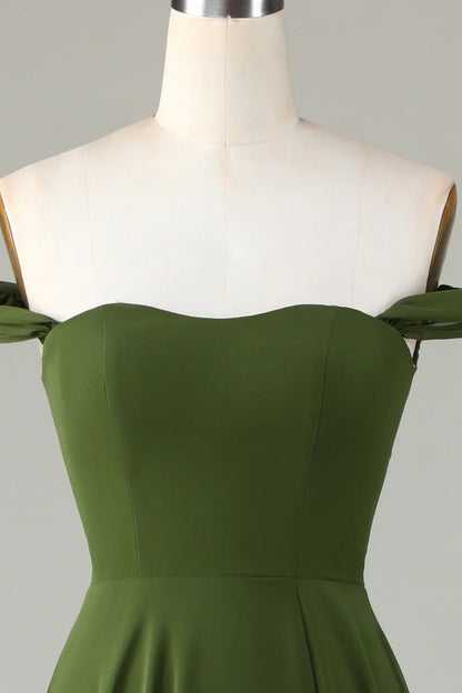 A-shaped slit off shoulder olive bridesmaid dress