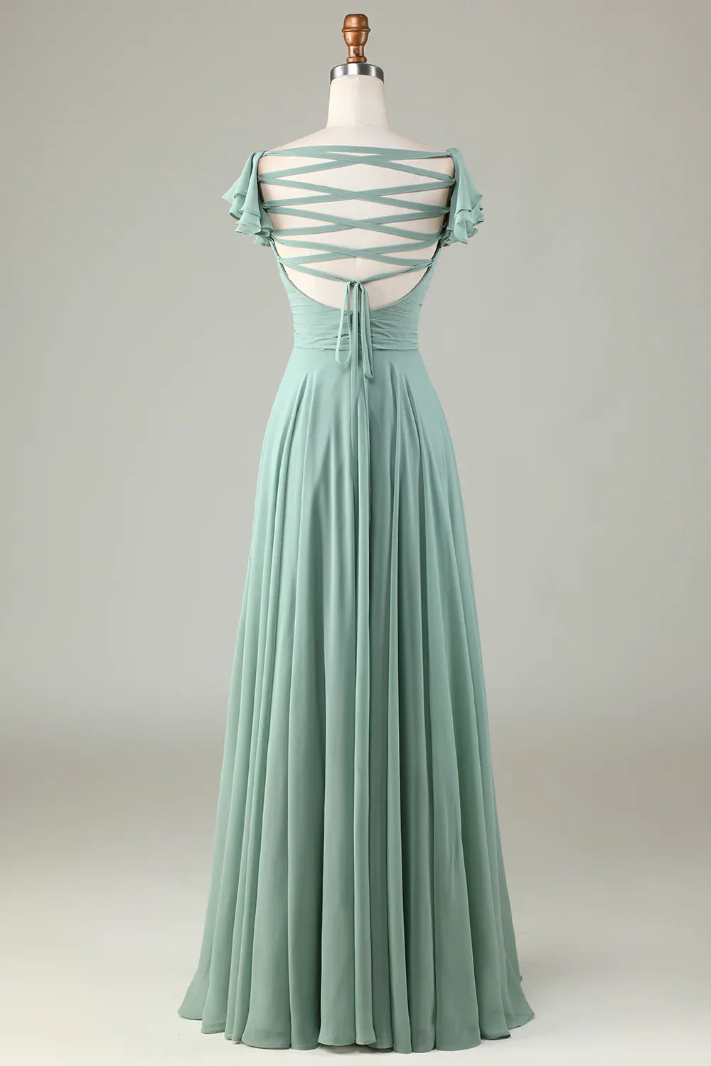 Lace-Up Back Matcha Bridesmaid Dress with Ruffles