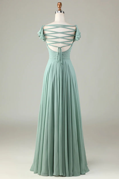 Lace-Up Back Matcha Bridesmaid Dress with Ruffles
