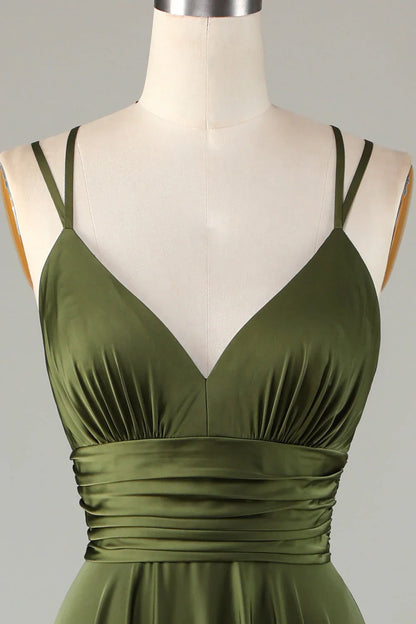 A-shaped sleeveless olive long bridesmaid dress