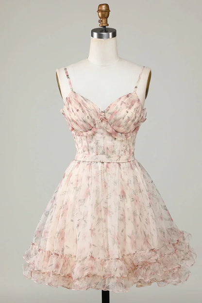 New Fashion Champagne Floral Design A-line Corset Spaghetti Strap Short Homecoming Dress HZ1024