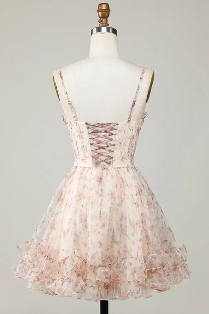 Charming Champagne Corset Floral Design A-line Spaghetti Strap Homecoming Dress HZ1024