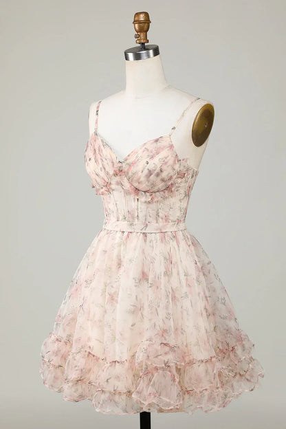 New Fashion Champagne Floral Design A-line Corset Spaghetti Strap Short Homecoming Dress HZ1024