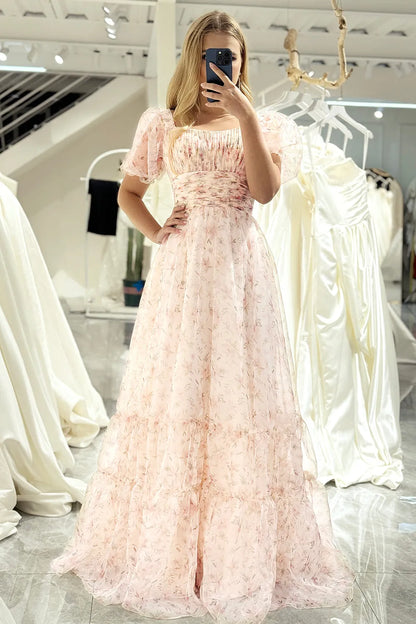 A-Line Prom Dress Square Neck Floor Length With Short Sleeves Elegant Evening Party Dress Formal Dress