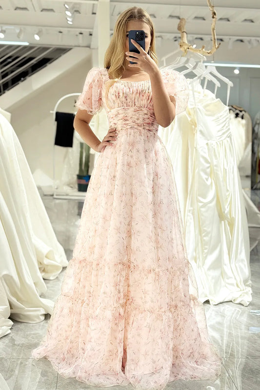 A-Line Prom Dress Square Neck Floor Length With Short Sleeves Elegant Evening Party Dress Formal Dress
