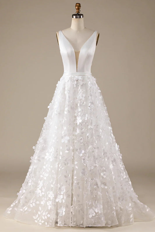 Aimishang Ivory A-Line V-Neck Wedding Dress with 3D Flowers
